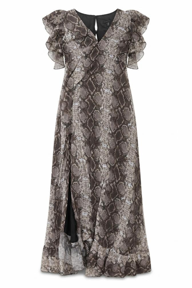Front view of Topshop women’s brown animal print polyester maxi, size UK 12, v-neck pullover - snake pattern