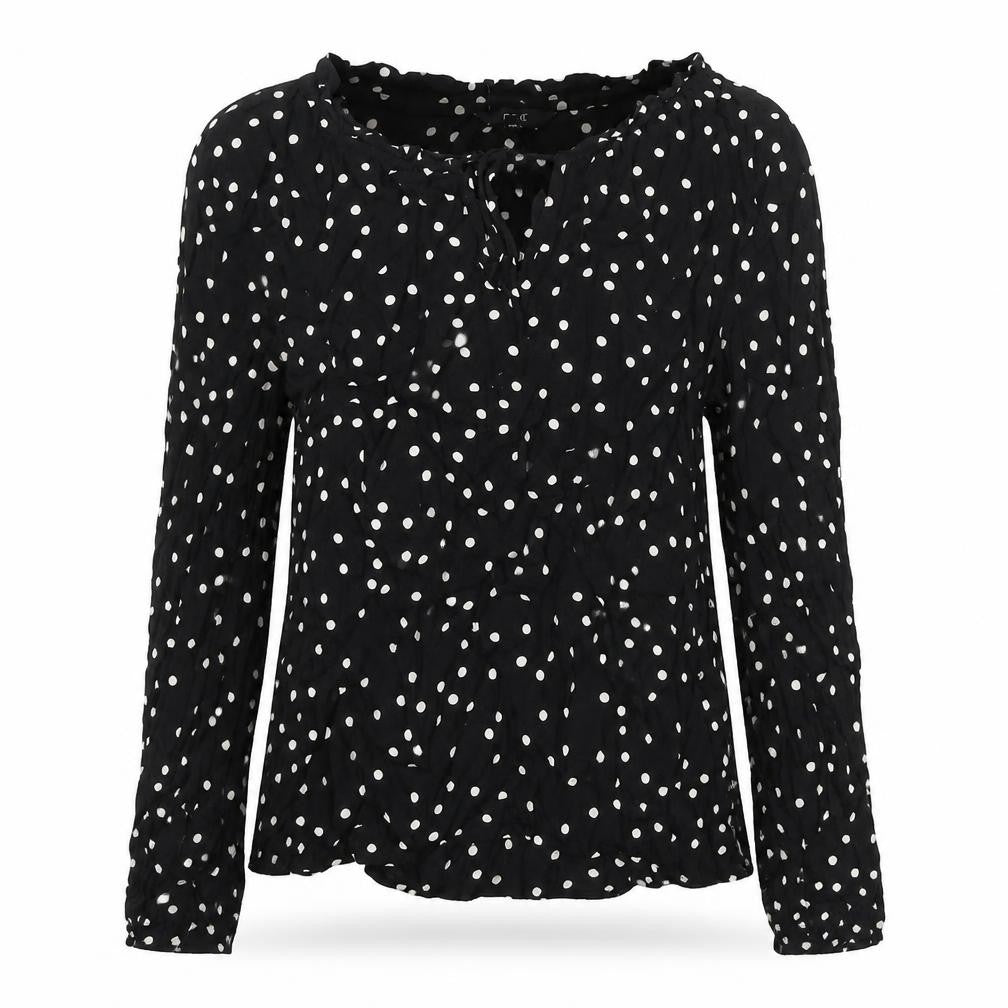 Front view of Next women’s black polka dot viscose basic blouse, size UK 8, round neck