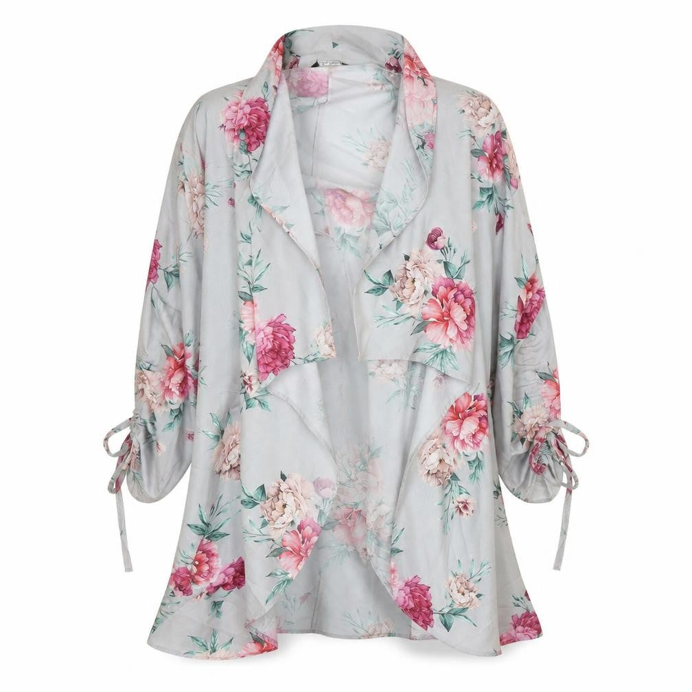Front view of Select women’s grey floral kimono jacket, size UK 12