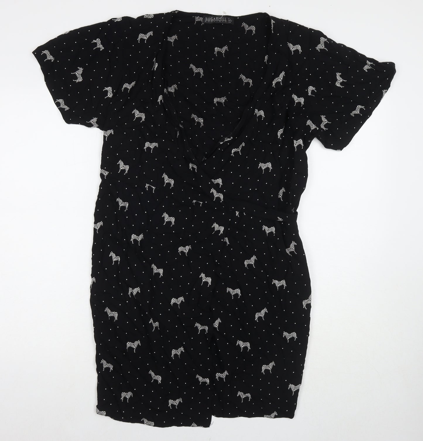 Sugarhill Womens Black Polka Dot Viscose Wrap Dress Size 10 V-Neck Tie