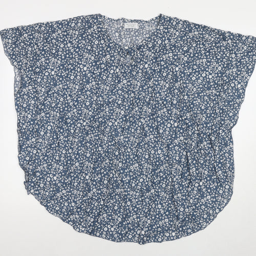 Tamsy Womens Blue Floral Viscose Basic T-Shirt One Size Round Neck