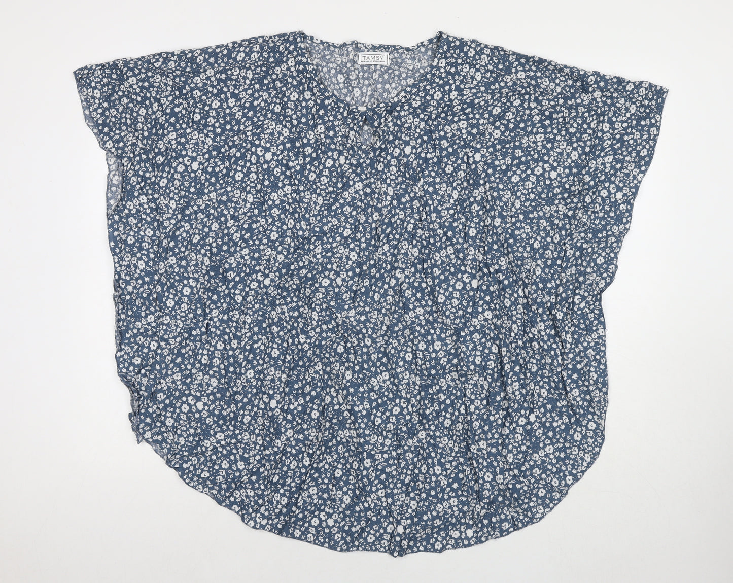 Tamsy Womens Blue Floral Viscose Basic T-Shirt One Size Round Neck