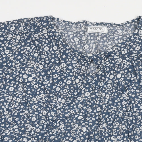 Tamsy Womens Blue Floral Viscose Basic T-Shirt One Size Round Neck