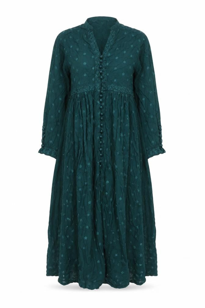 Front view of Khaadi women’s green viscose maxi, size UK 12, v-neck button