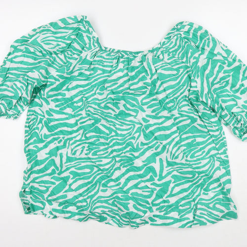 Marks and Spencer Womens Green Animal Print Cotton Basic Blouse Size 14 Scoop Neck
