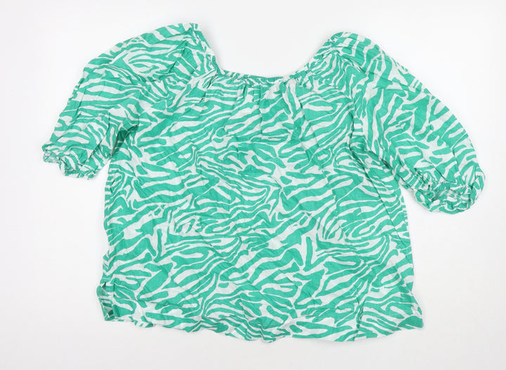 Marks and Spencer Womens Green Animal Print Cotton Basic Blouse Size 14 Scoop Neck