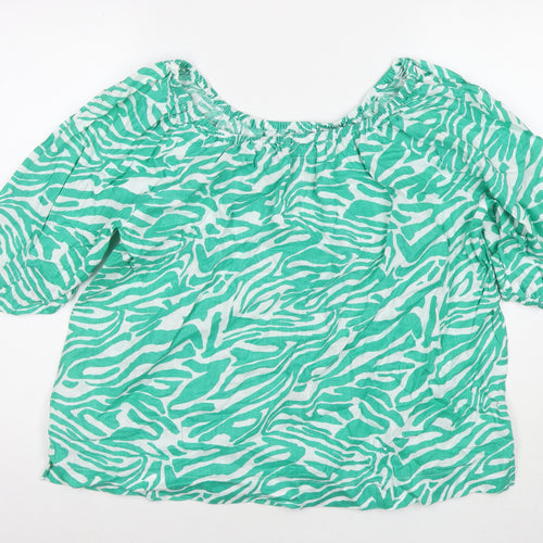 Marks and Spencer Womens Green Animal Print Cotton Basic Blouse Size 14 Scoop Neck