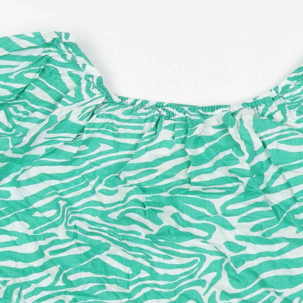 Marks and Spencer Womens Green Animal Print Cotton Basic Blouse Size 14 Scoop Neck