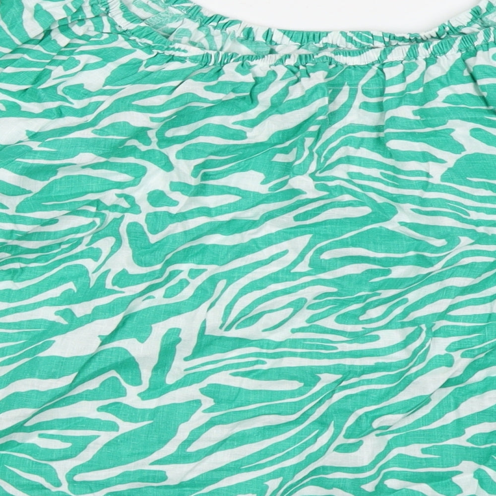 Marks and Spencer Womens Green Animal Print Cotton Basic Blouse Size 14 Scoop Neck