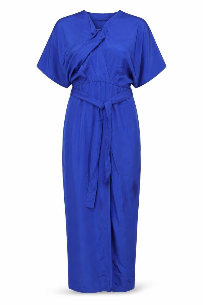 Front view of Lounge women’s blue polyester maxi, size UK 14, v-neck snap