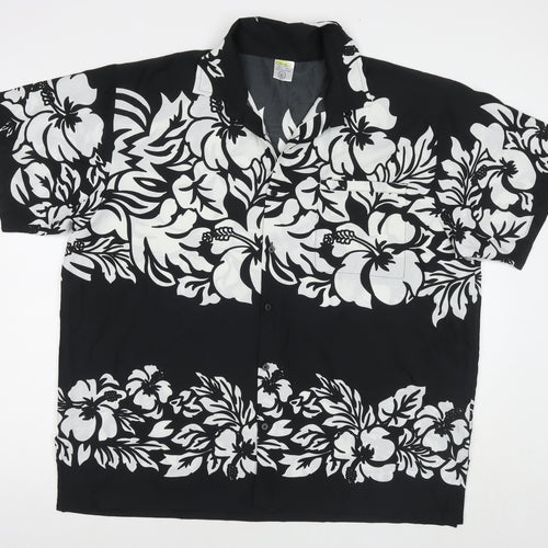 Rima Mens Black Floral Polyester Button-Up Size XL Collared Button