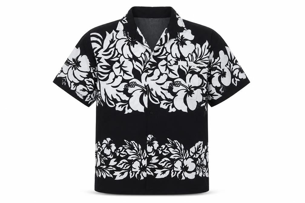 Front view of Rima men’s black floral polyester button-up, size XL, collared button