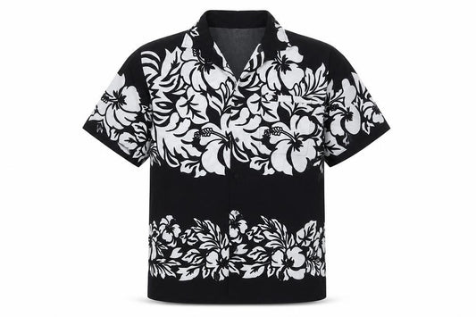 Front view of Rima men’s black floral polyester button-up, size XL, collared button