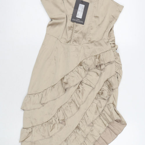PRETTYLITTLETHING Womens Beige Polyester A-Line Size 8 Square Neck Zip