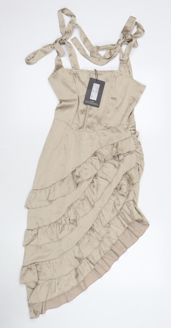 PRETTYLITTLETHING Womens Beige Polyester A-Line Size 8 Square Neck Zip