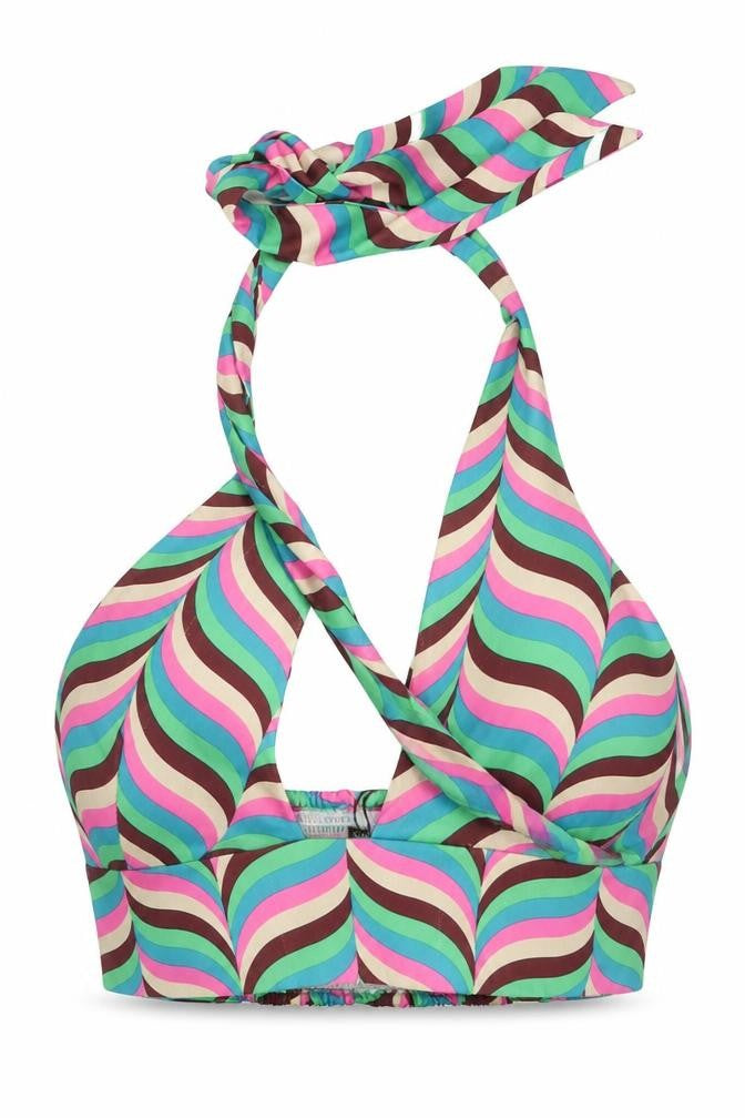 Front view of Zara women’s multicoloured geometric polyester cropped tank, size S, halter