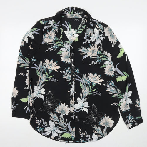 Wallis Womens Black Floral Polyester Basic Button-Up Size 12 Round Neck