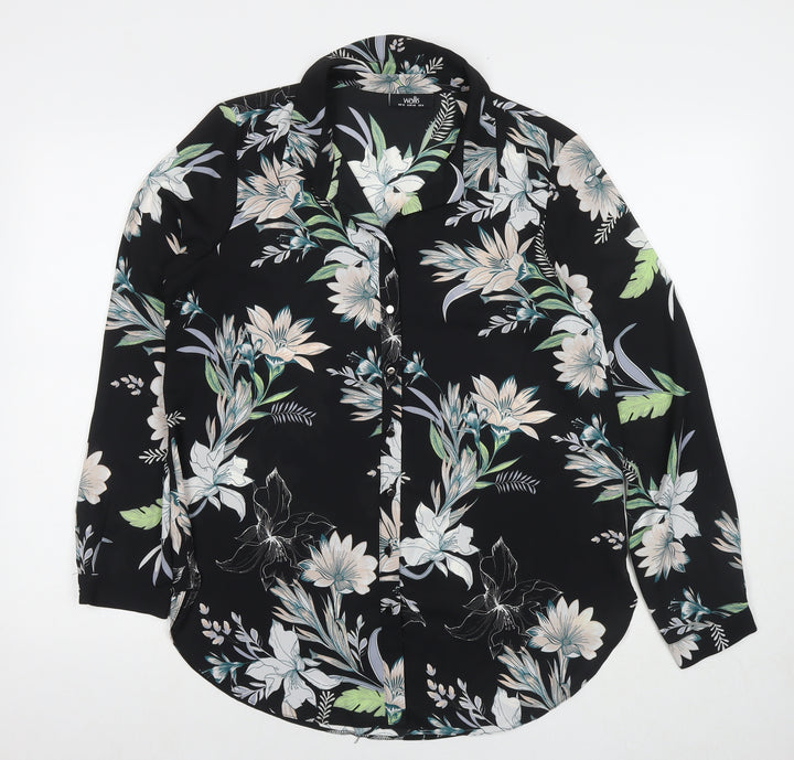 Wallis Womens Black Floral Polyester Basic Button-Up Size 12 Round Neck