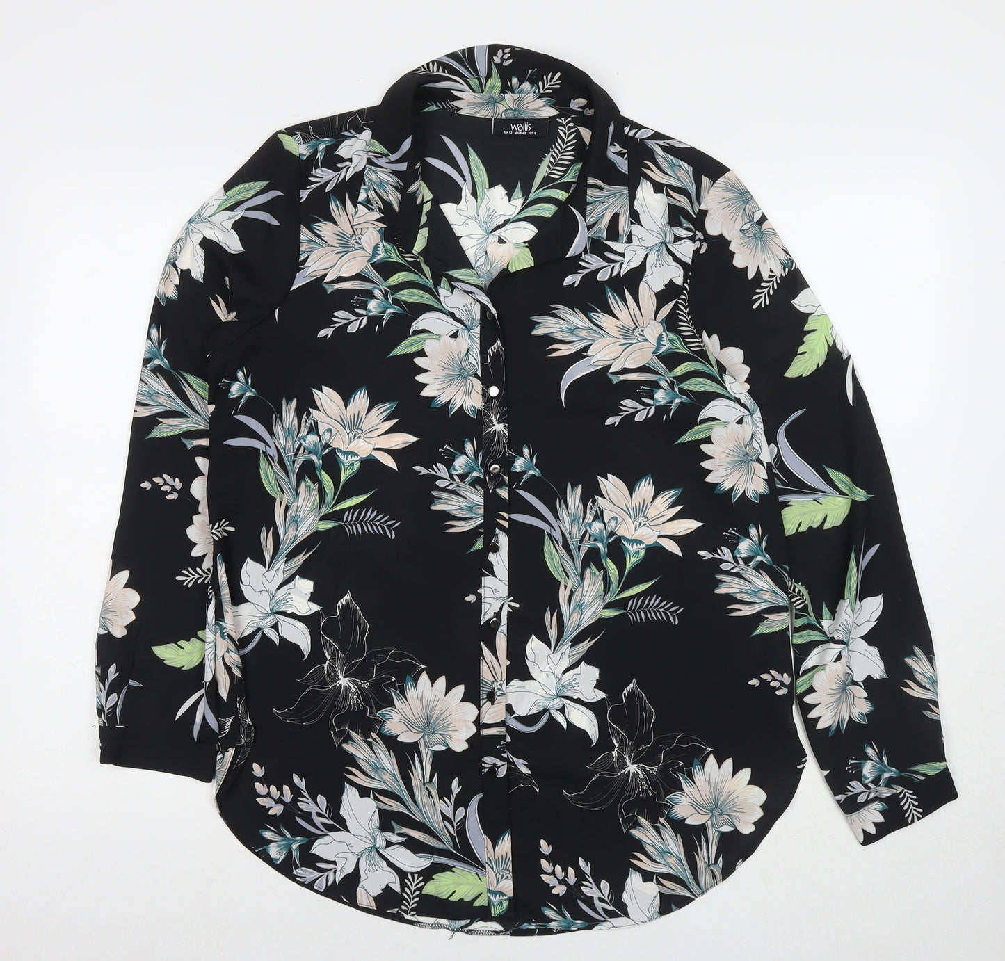 Wallis Womens Black Floral Polyester Basic Button-Up Size 12 Round Neck