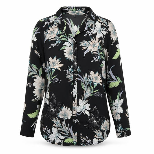 Front view of Wallis women’s black floral polyester basic button-up, size UK 12, round neck