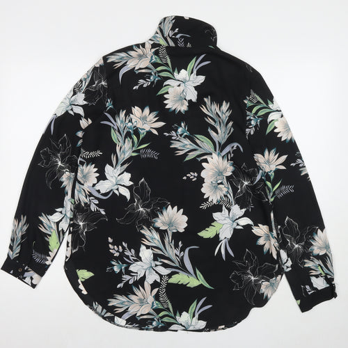 Wallis Womens Black Floral Polyester Basic Button-Up Size 12 Round Neck