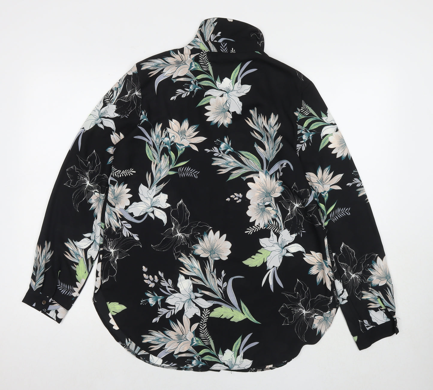 Wallis Womens Black Floral Polyester Basic Button-Up Size 12 Round Neck