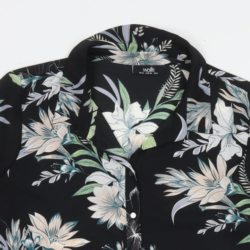 Wallis Womens Black Floral Polyester Basic Button-Up Size 12 Round Neck