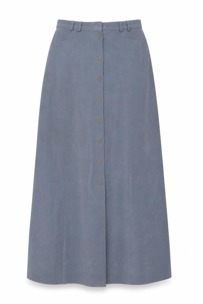 Front view of TAGG women’s grey polyester maxi skirt, size UK 10, button