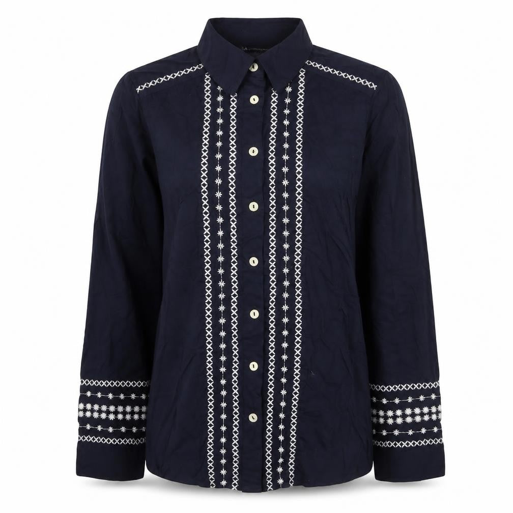 Front view of Marks & Spencer women’s blue viscose basic button-up, size UK 6, round neck