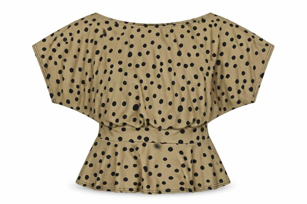 Front view of Miss Figa women’s brown polka dot polyester basic blouse, size UK 10, boat neck
