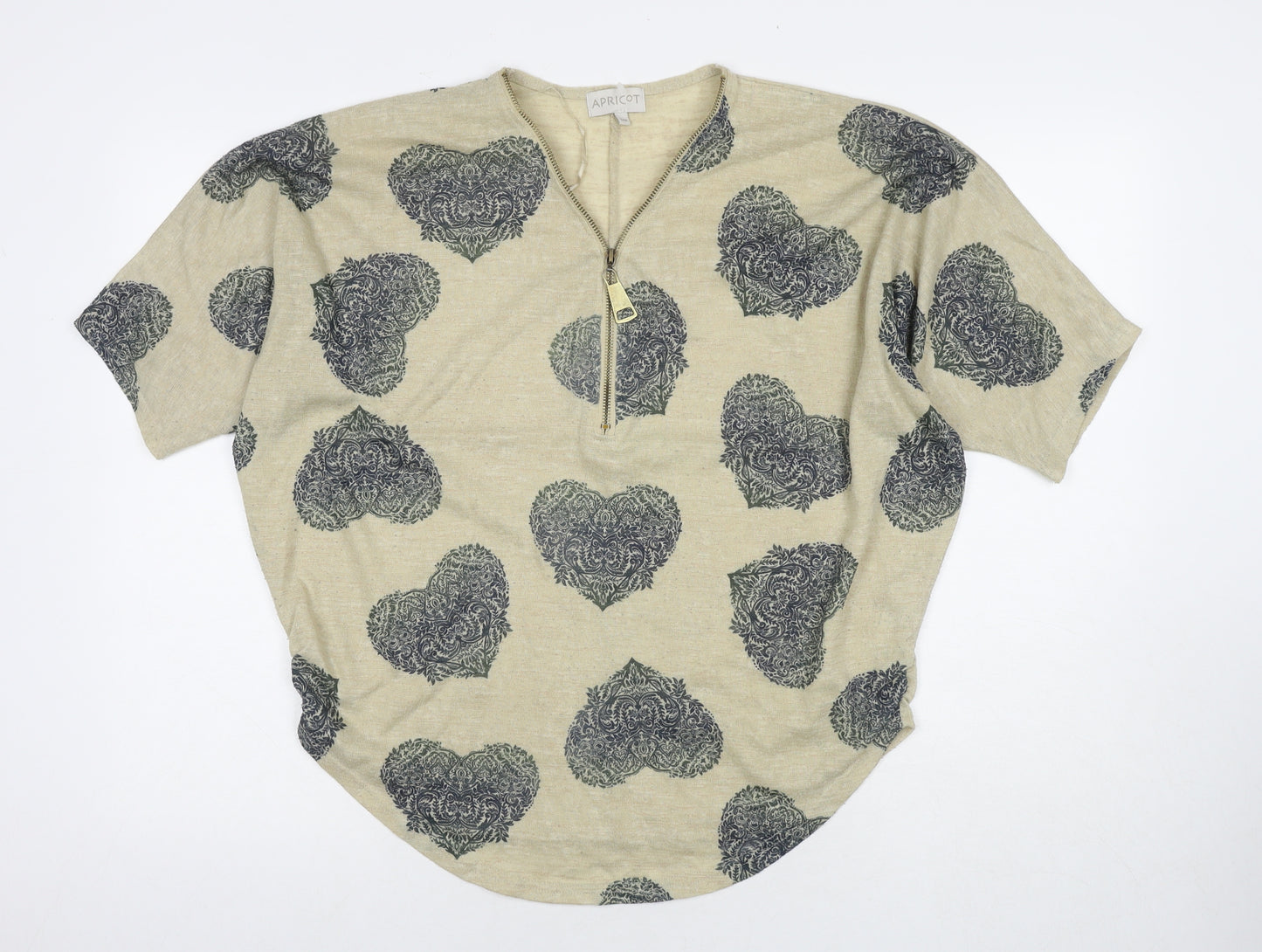 Apricot Womens Beige Geometric Polyester Basic T-Shirt Size S V-Neck - Hearts Size S/M