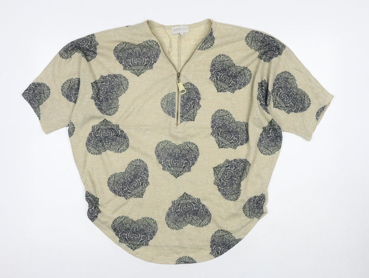 Apricot Womens Beige Geometric Polyester Basic T-Shirt Size S V-Neck - Hearts Size S/M