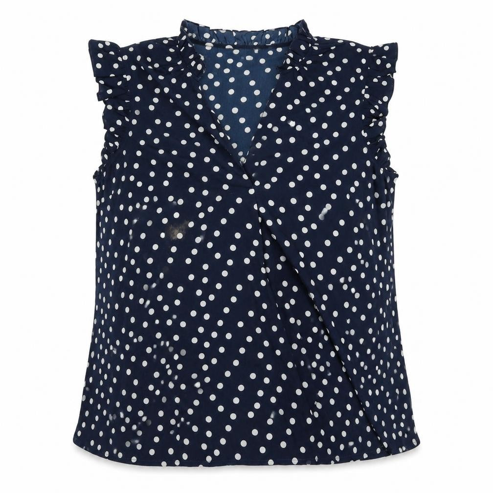 Front view of Julipa women’s blue polka dot polyester basic blouse, size UK 20, round neck
