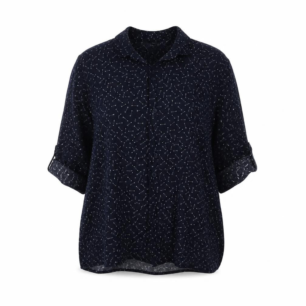 Front view of Mango women’s blue geometric viscose basic button-up, size S, collared