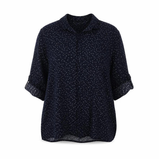 Front view of Mango women’s blue geometric viscose basic button-up, size S, collared