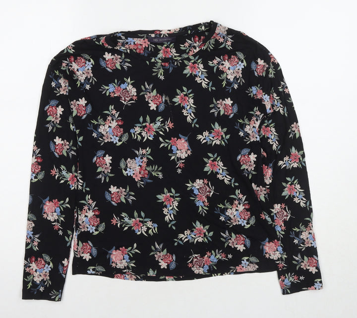Marks and Spencer Womens Black Floral Viscose Basic Blouse Size 8 Round Neck