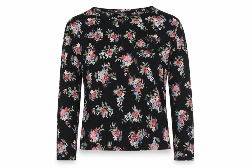 Front view of Marks & Spencer women’s black floral viscose basic blouse, size UK 8, round neck