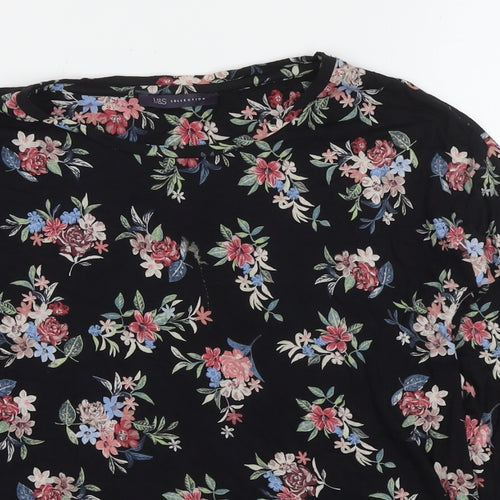 Marks and Spencer Womens Black Floral Viscose Basic Blouse Size 8 Round Neck
