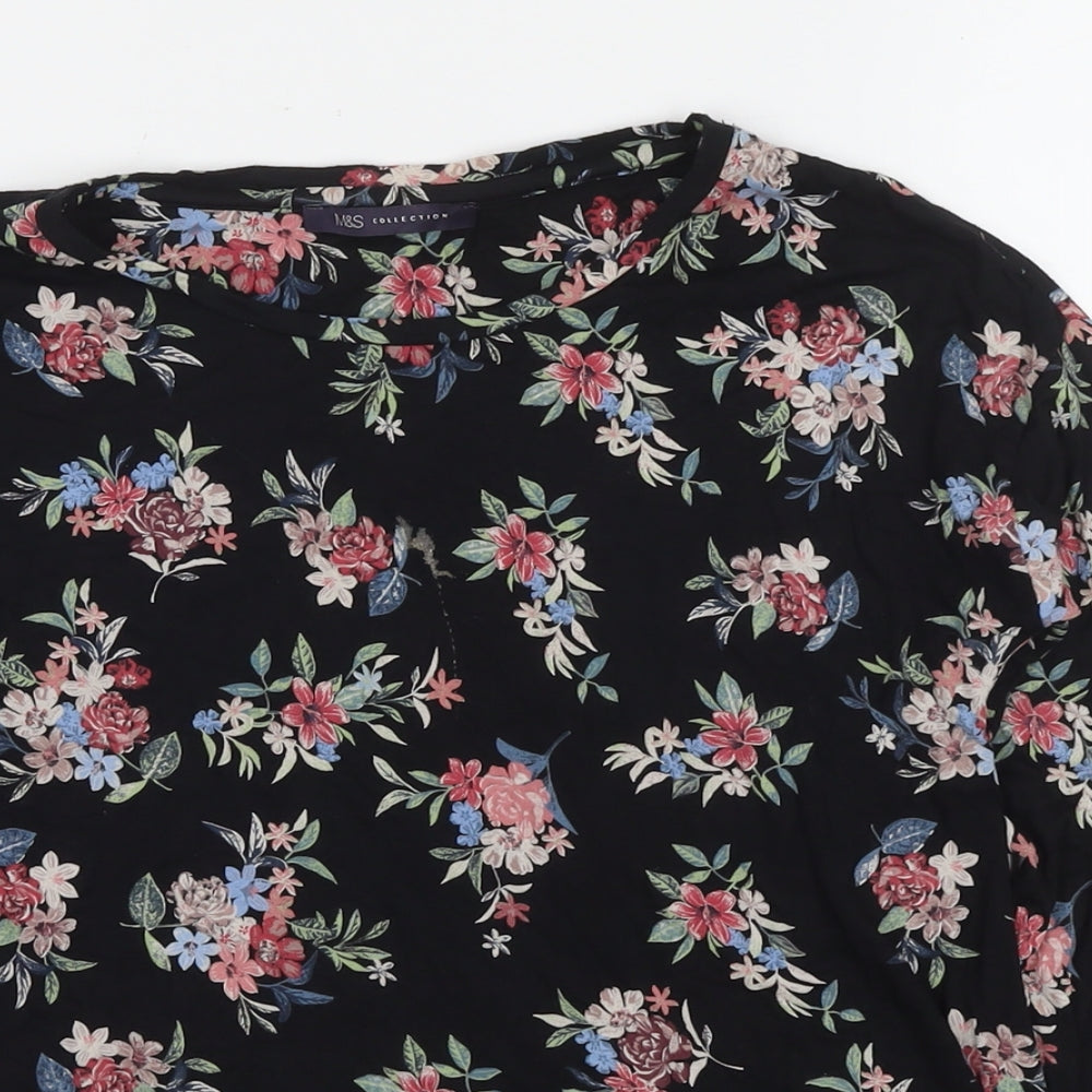 Marks and Spencer Womens Black Floral Viscose Basic Blouse Size 8 Round Neck