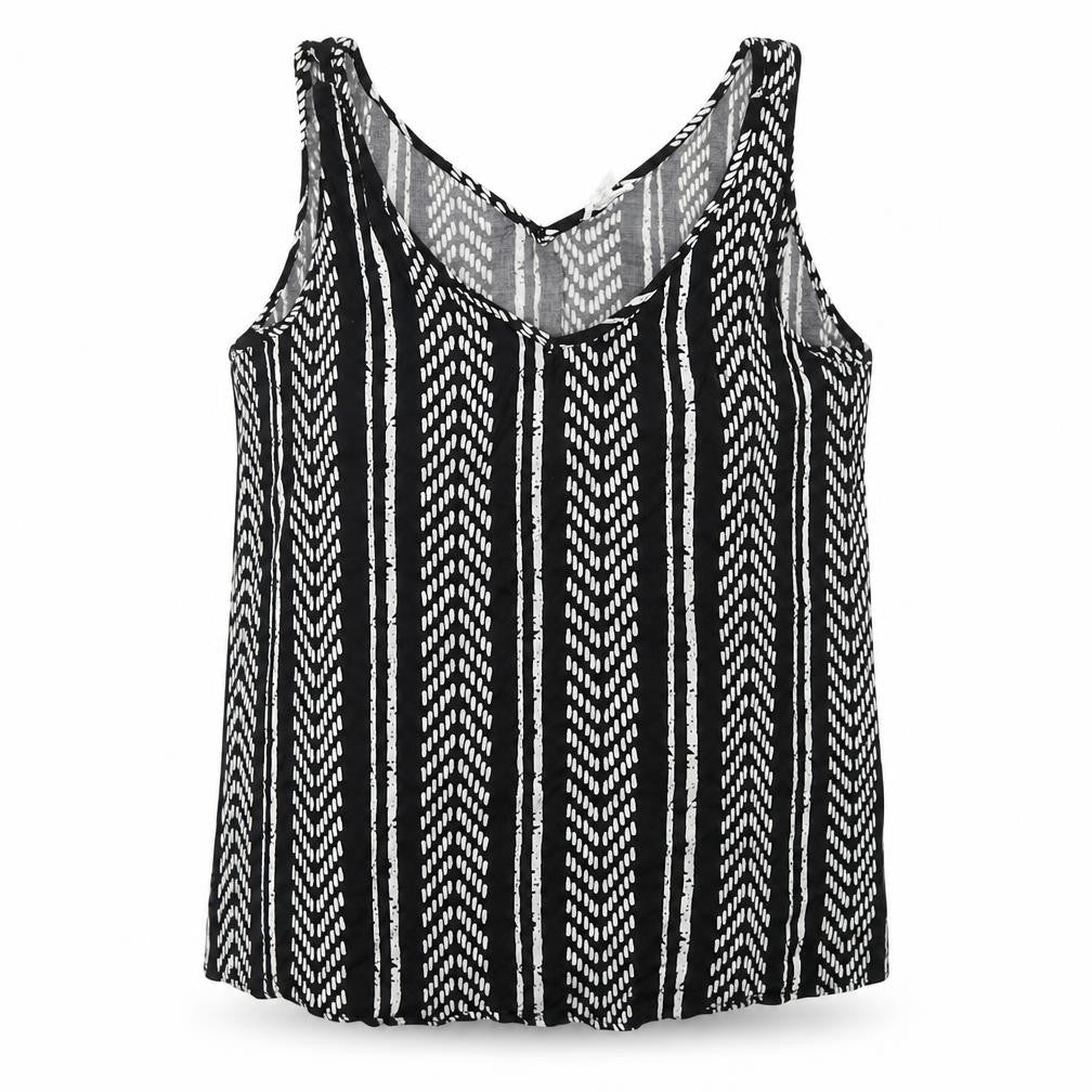 Front view of Tribal women’s black geometric viscose basic tank, size M, v-neck