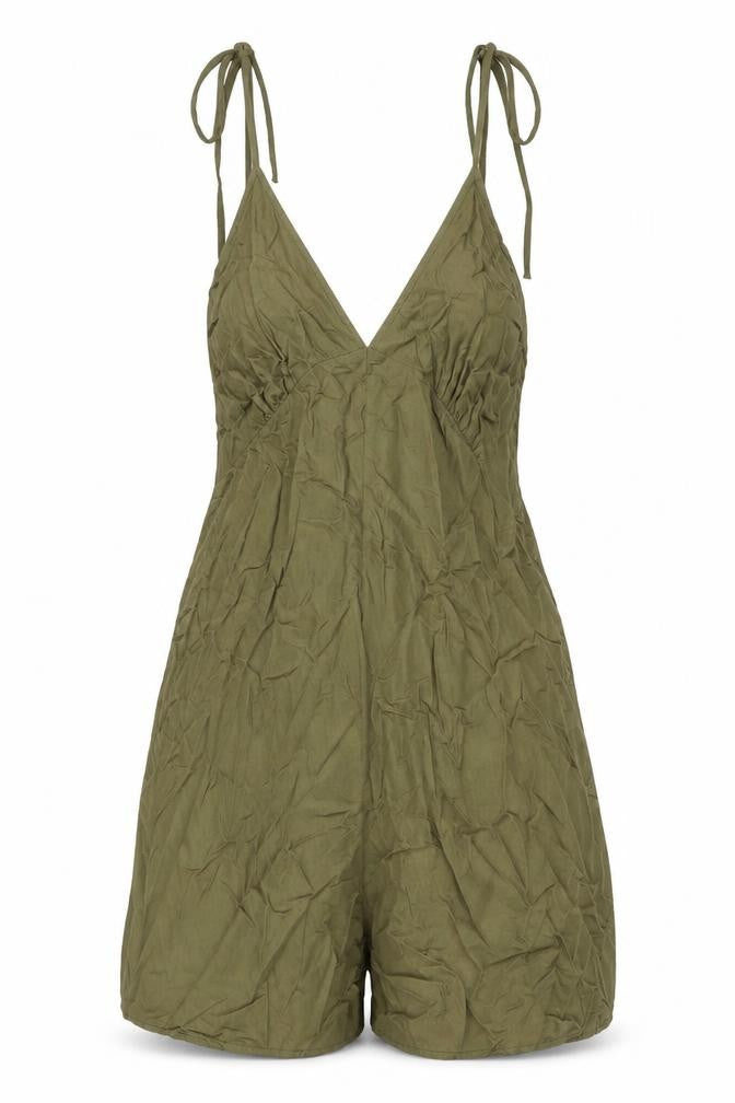 Front view of ASOS women’s green viscose playsuit one-piece, size UK 8, 3-inch leg pullover