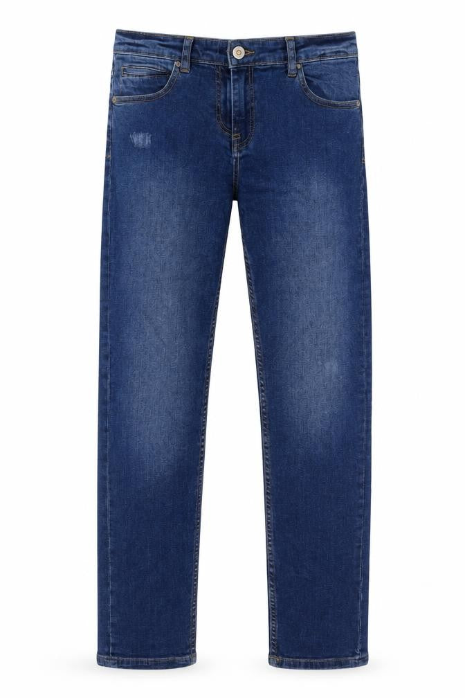 Front view of John Lewis boys’ blue cotton straight jeans, size 11, years regular button