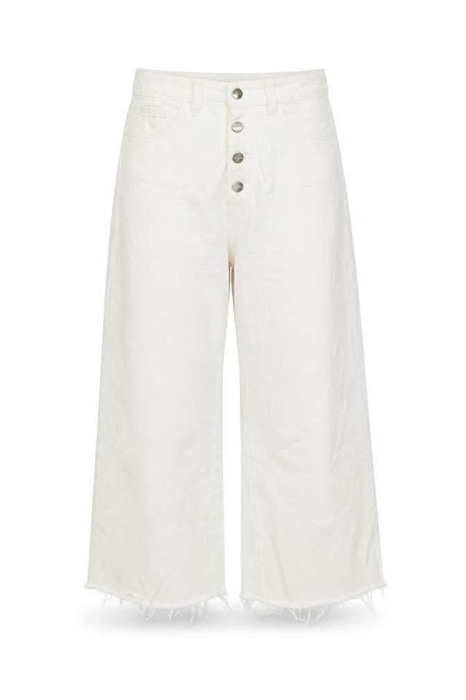 Front view of Denim & Co. women’s white cotton wide-leg jeans, size UK 12, 24-inch leg regular button