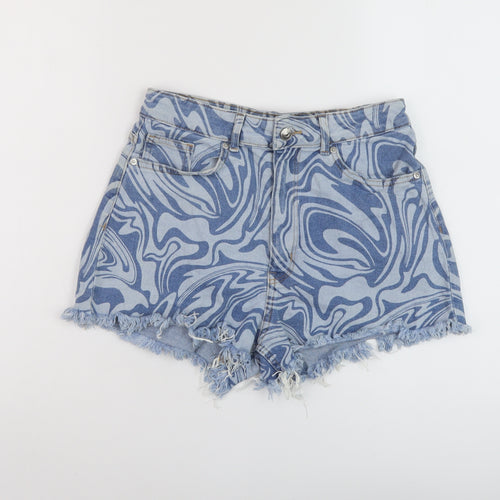 H&M Womens Blue Geometric Cotton Hot Pants Shorts Size 12 L3 in Regular Button