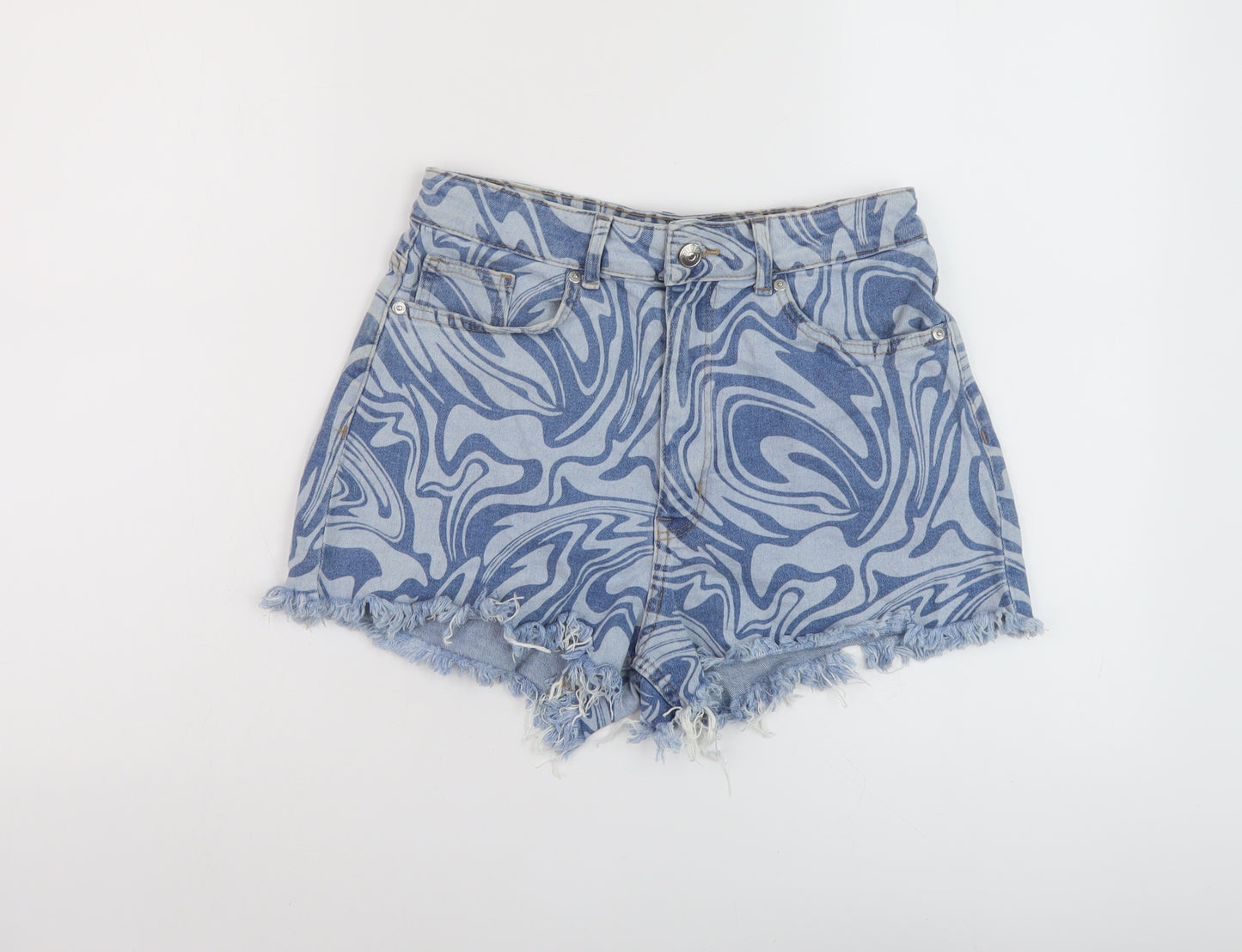 H&M Womens Blue Geometric Cotton Hot Pants Shorts Size 12 L3 in Regular Button