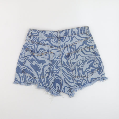 H&M Womens Blue Geometric Cotton Hot Pants Shorts Size 12 L3 in Regular Button