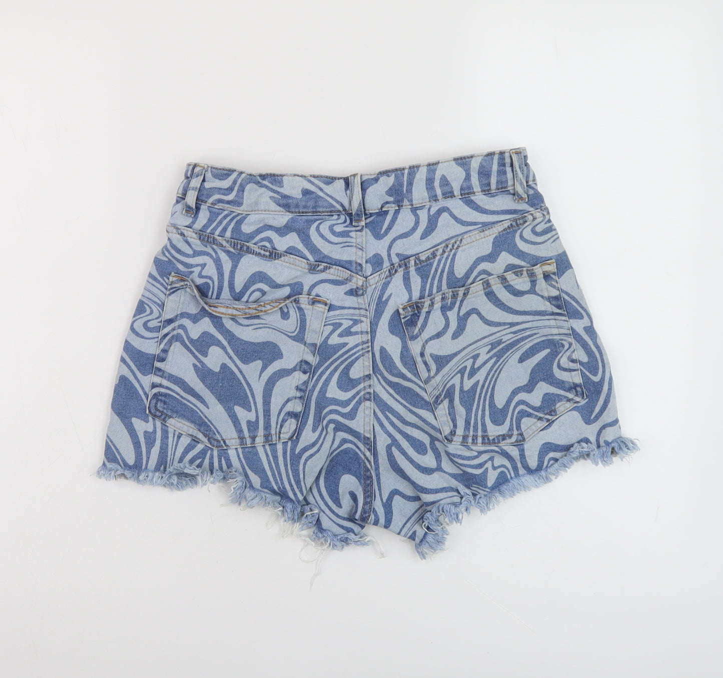 H&M Womens Blue Geometric Cotton Hot Pants Shorts Size 12 L3 in Regular Button