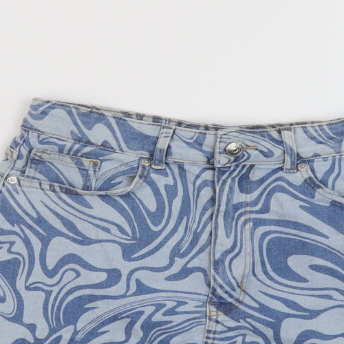 H&M Womens Blue Geometric Cotton Hot Pants Shorts Size 12 L3 in Regular Button