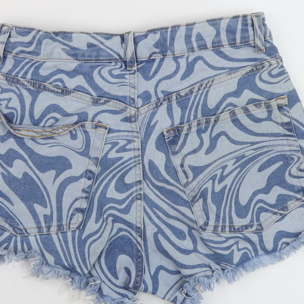 H&M Womens Blue Geometric Cotton Hot Pants Shorts Size 12 L3 in Regular Button