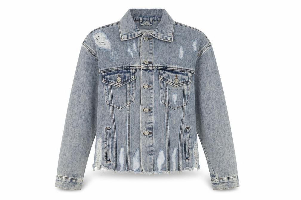 Front view of Denim & Co. women’s blue jacket, size UK 8, button